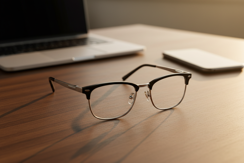 glasses black silver color , Glasses on a desk

Laptop + phone in background

Warm light, premium look